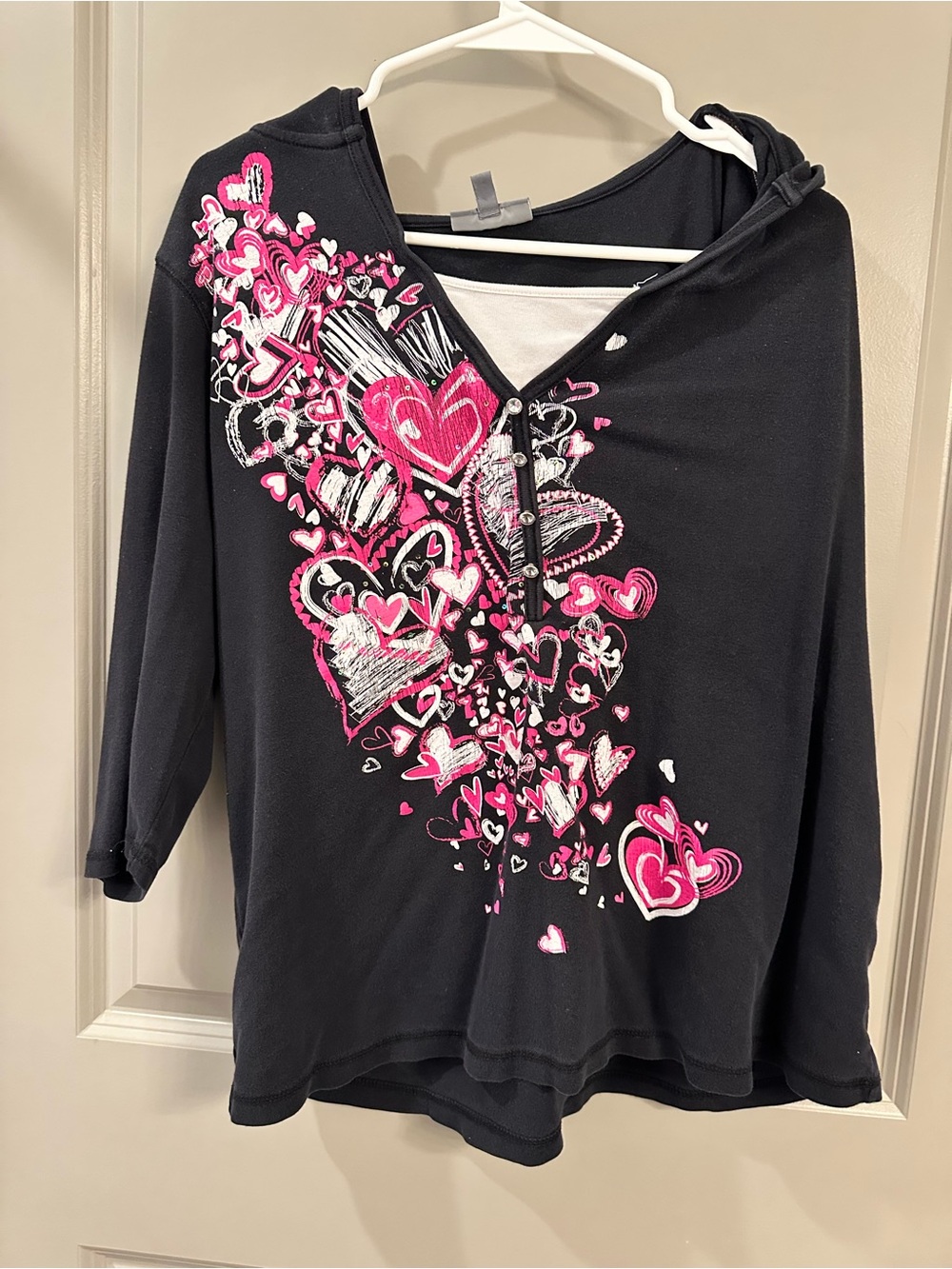 Women’s Black Hooded Top with Pink Heart Graphic